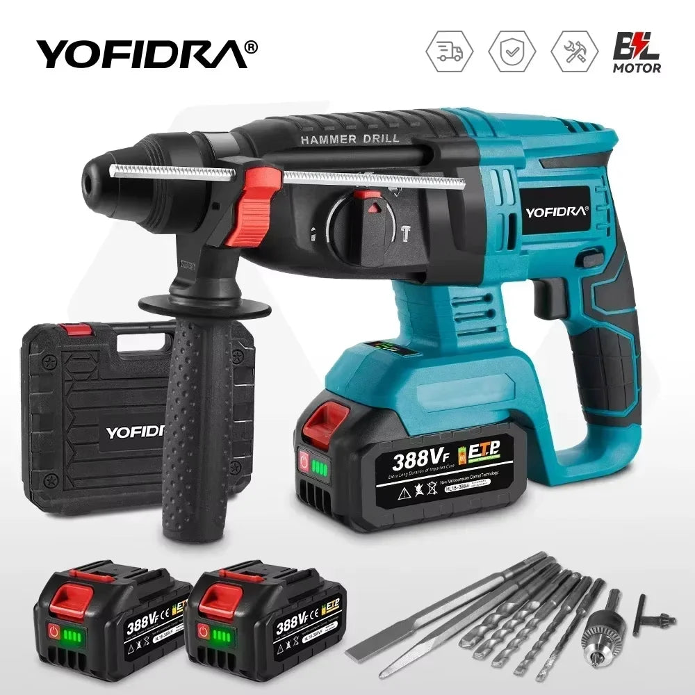 YOFIDRA 26MM Brushless Electric Hammer Drill Multifunctional Rotary Cordless Rechargeable Power Tools For Makita Battery Pin