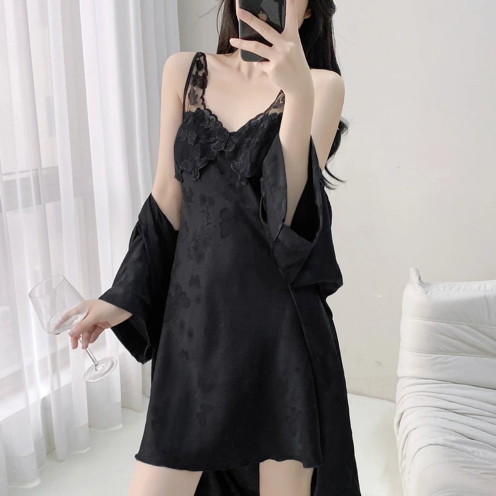 Sexy Lace Wedding Nighty&Robe Set Dress New Women Nightwear Suspender Nightgown Chemise Sleepwear Lingerie Silk Satin Home Wear