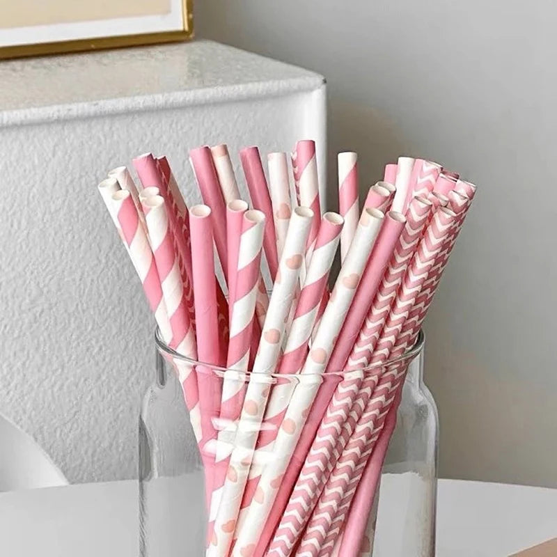 25PCS Party Straws For Juice Cocktails Smoothies Birthday Wedding Christmas Decorations Biodegradable Pink Paper Straws