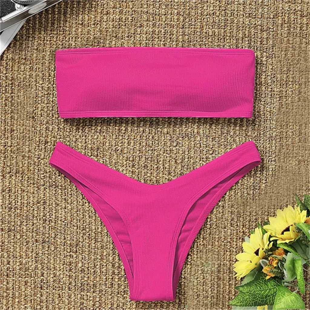Sexy Textured Bikini 2024 Bandeau Swimsuit Women Swimwear Push Up Bikini Set Solid Bathing Suit Beach Wear Biquini Female