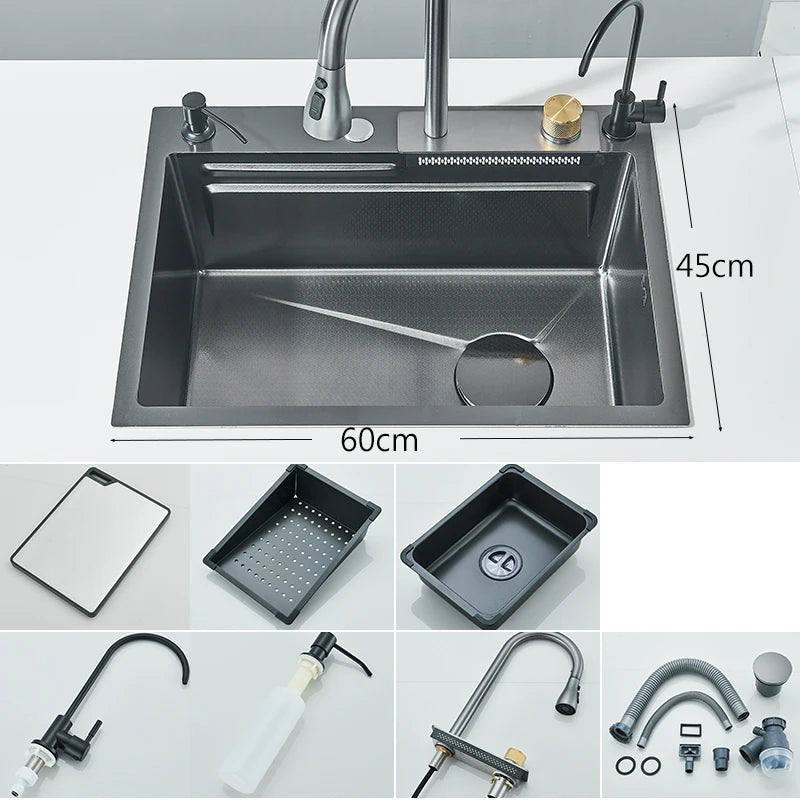 304Stainless Steel Waterfall Kitchen Sink Large Single Slot Integrated 60X45cm Faucet Set Soap Dispenser/Pure Water/Cup Washer
