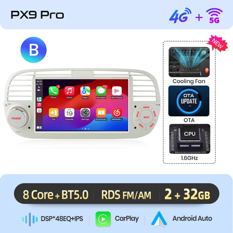 AWESAFE Wireless CarPlay for Apple Android 13 Auto Radio for FIAT 500 Abarth 2007 2008 2009-2015 Multimedia Screen Stereo GPS