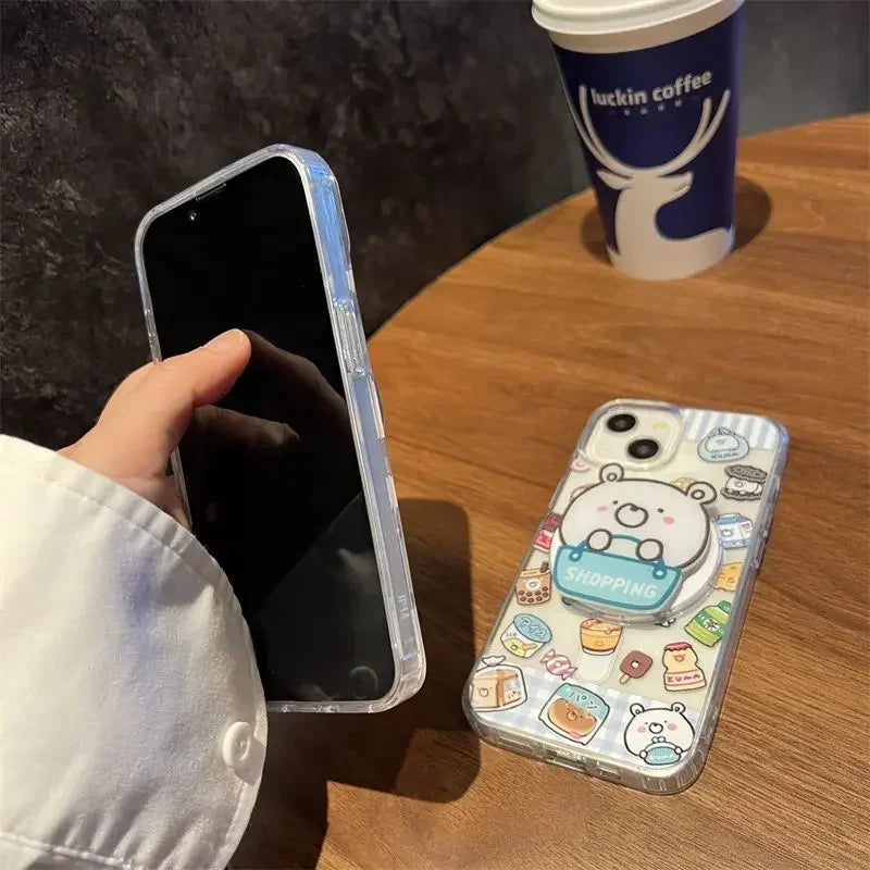 Ins Korean Cute Snacks White Bear Holder for IPhone Bracket Grip Tok Cartoon Magnetic Wireless Charge Phone Stand Phone Support