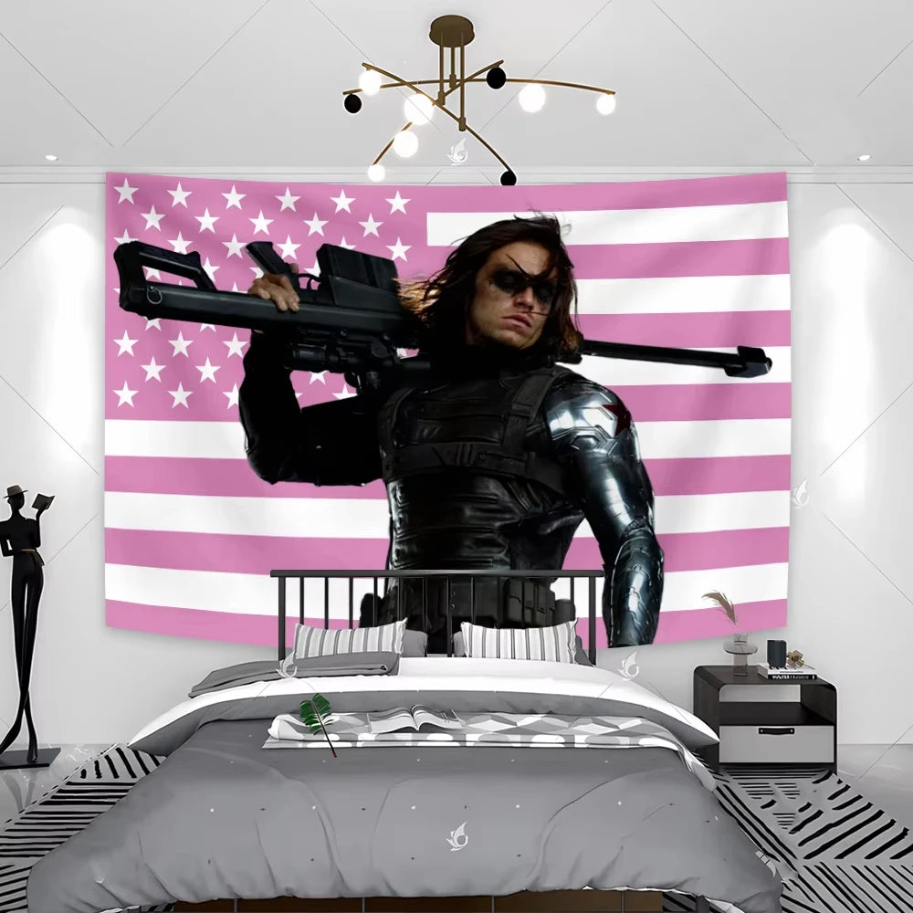 Bucky Barnes Flag Tapestry Pink American Flags Banner Aesthetic Wall Art Decor Bedroom Home Decor Background Cloth Festival Gift