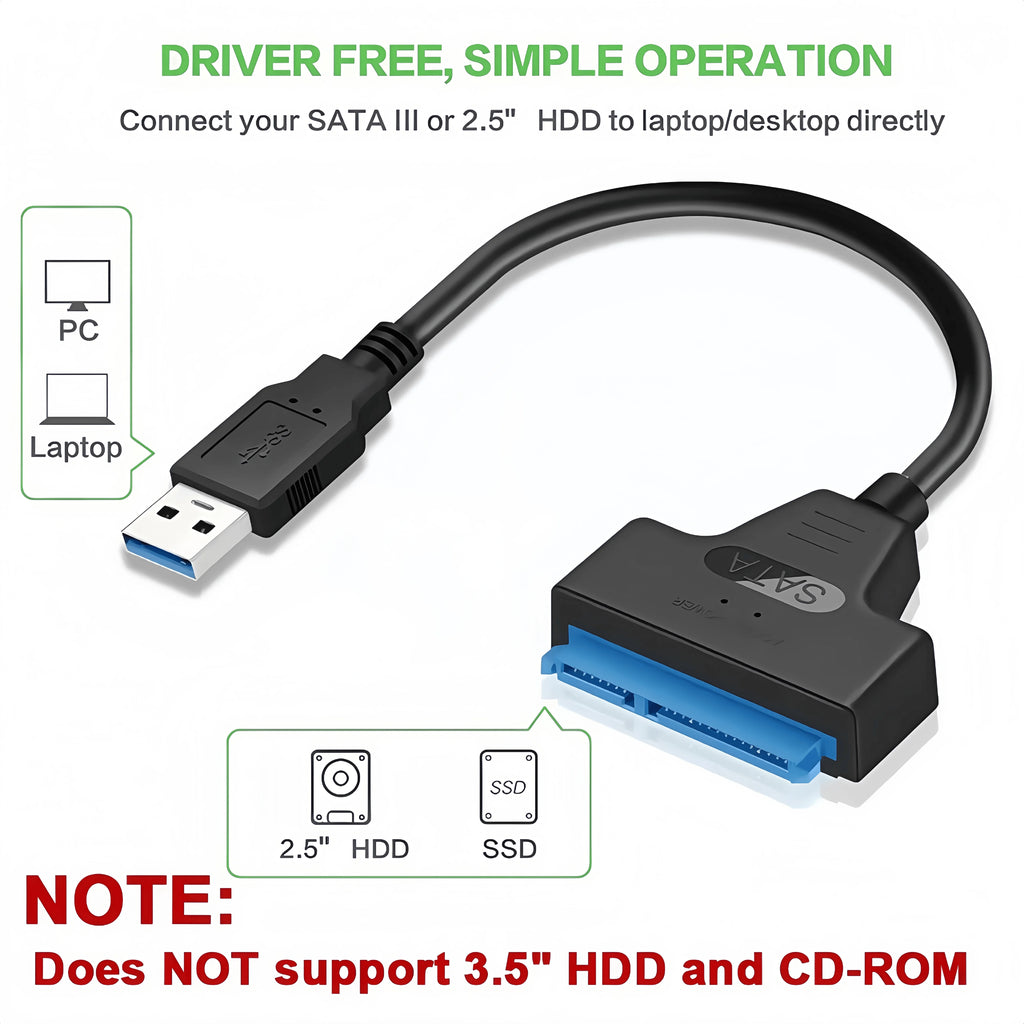 USB 3.0 to SATA Adapter Cable for 2.5" HDD/SSD – 6Gbps High-Speed Data Transfer – SATA III (22-Pin) Hard Drive Converter