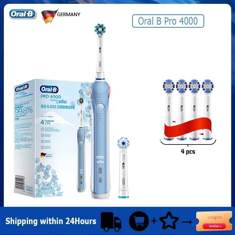Oral B Pro 4000 Electric Toothbrush Rechargeable 3D Visible Pressure Sensor 4 Modes Sonic Tooth Brush for Adults Oral Cleaning