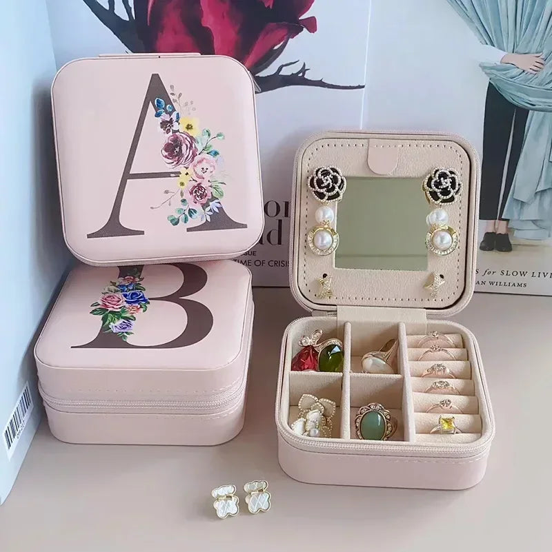 Flower&alphabet Jewelry Box Ring Boxes Travel Leather Jewellery Case Letter Print Bridesmaid Proposal Birthday Christmas Gift