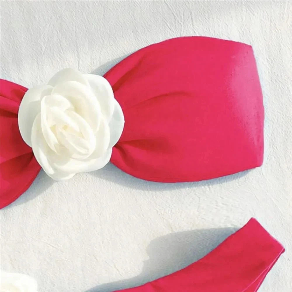 Sexy Flower Bandeau Swimwear Thong Bikini 2025 Women Lace-up Swimsuit Swimming Bathing Suit Brazilian Bikinis Sets Mujer Biquini