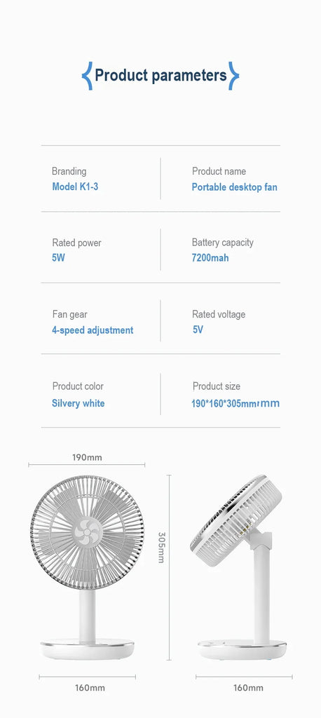 Fans Portable Desktop Fan Home Office Dormitory USB Rechargeable Small Electric Fan Air circulators High Wind Table Fan 7200mAh