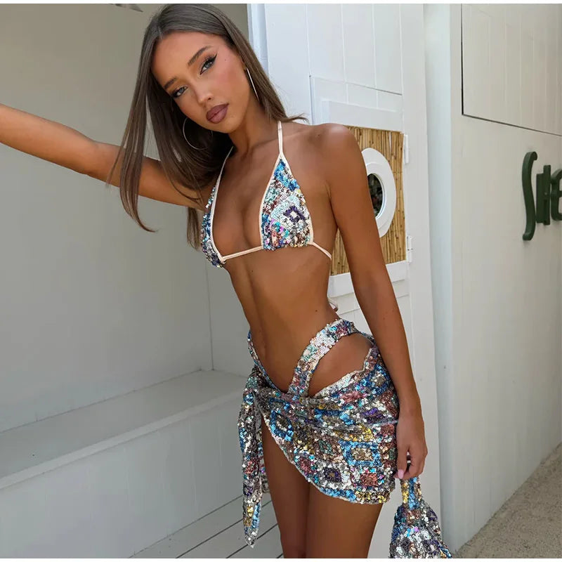 Sexy Sequin Bikini Skirt Sets Women Halter Backless Sleeveless Bikinis Lace Up Slim Mini Skirts Set 2025 Summer Lady Beach Suits