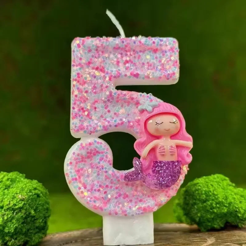 Sanrio Handmade DIY1pc Number 0-9 Pink cartoon mermaid Digital Candles with Sequins Suitable for Birthday Party Cake Decoration