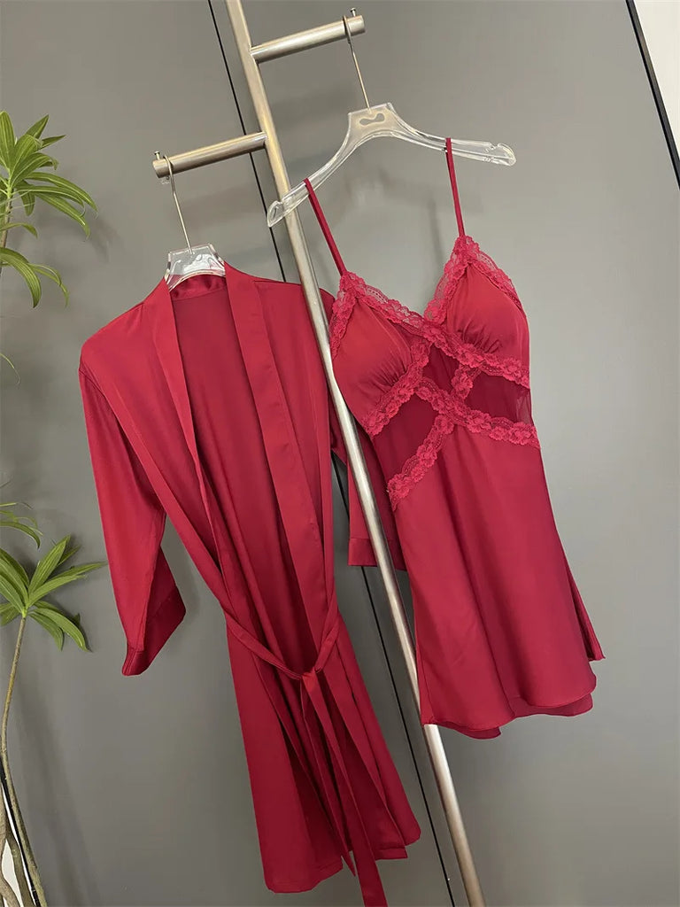 Sexy Female Nighty&Robe Set Lingerie Spring Summer Bathrobe Nightgown Two Piece Set Loose Silk Satin Home Dress Lounge Wear