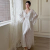 Women Long Twinset Robe Set Sexy Lace Trim Wedding Bathrobe Kimono Gown Sleepwear Elegant Ice Silk Nightgown Loungewear Homewear