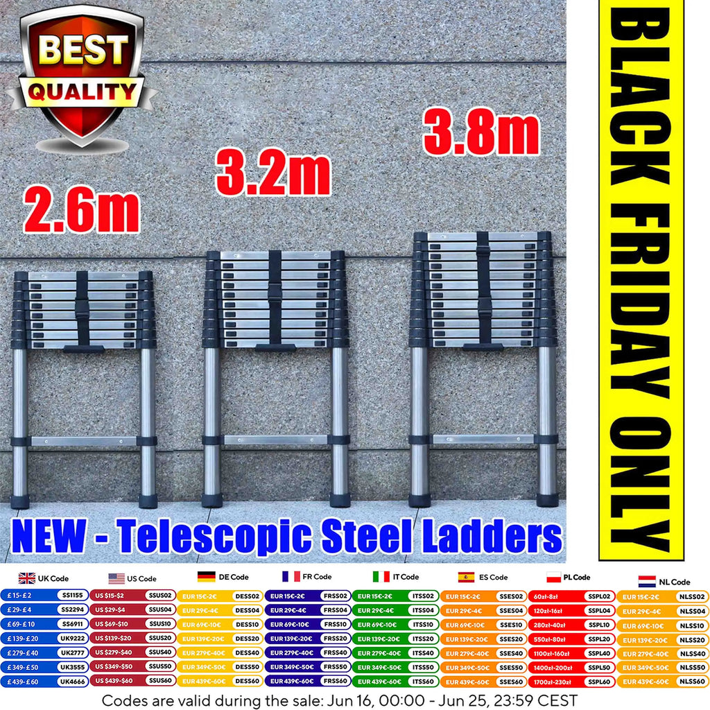 Ladders Extendable Telescopic 2.6M-5M Heavy Duty Multi Purpose Straight Loft Ladder Portable Folding Stainless Steel Ladder Tool