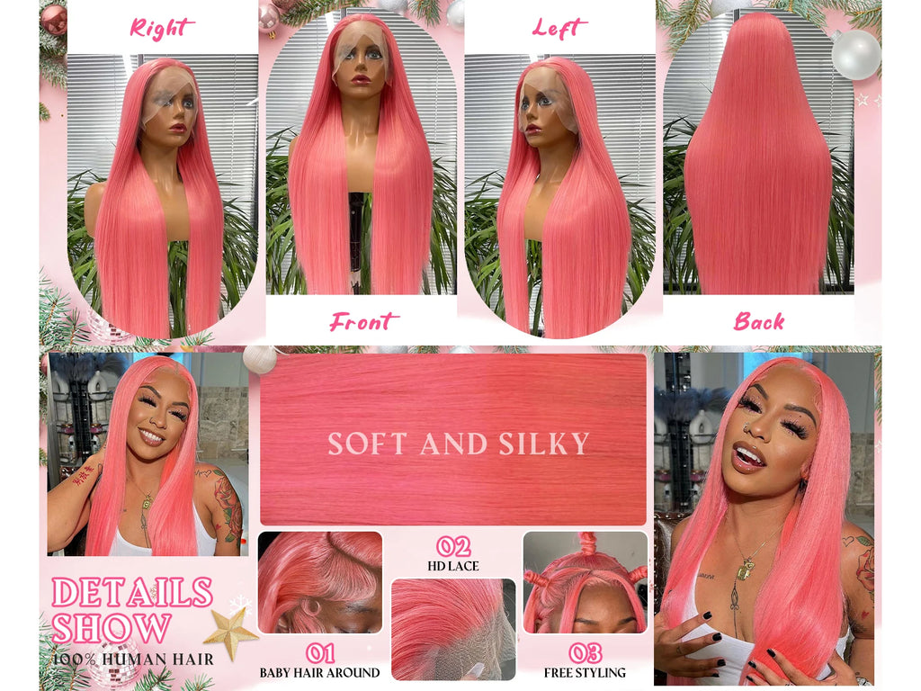 40 Inch Hot Pink Transparent Lace Front Wig Human Hair 13x6 Lace Frontal Wigs For Women Long Straight Colored Human Hair Wigs