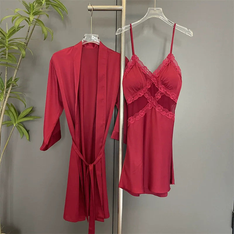 Sexy Female Nighty&Robe Set Lingerie Spring Summer Bathrobe Nightgown Two Piece Set Loose Silk Satin Home Dress Lounge Wear