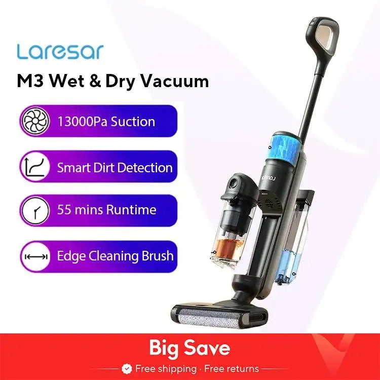 Laresar M3 Cordless Wet Dry Vacuum Cleaner Mop, Edge Cleaning 55min Auto Suction Floor Washer Self-Cleaning Smart Home Appliance