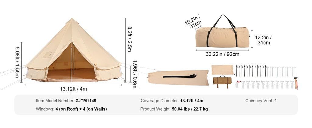 SucceBuy Canvas Bell Tent 4 Seasons 4 m/13.12 ft Yurt Tent Canvas Tent for Camping with Stove Jack Breathable Tent Holds 6People