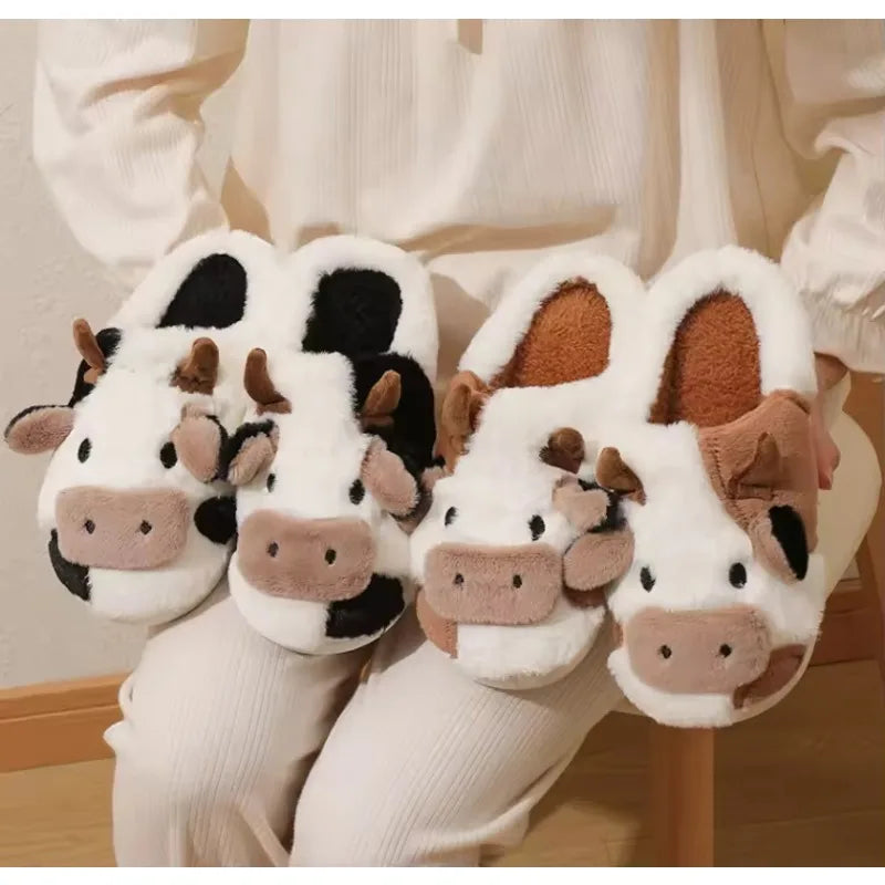 Winter Home Slippers for Couples Warm Plush Neutral Cartoon Cow Indoor Anti Slip Comfortable Cotton Slippers for Men and Women