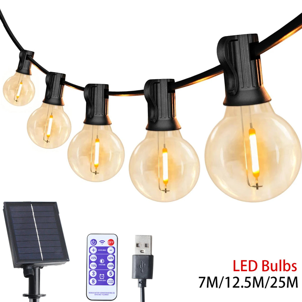 7-25M Festoon Solar LED Globe G40 String Light Fairy Outdoor For Christmas Party Garden Decor Garland Lamp Street Patio Backyard
