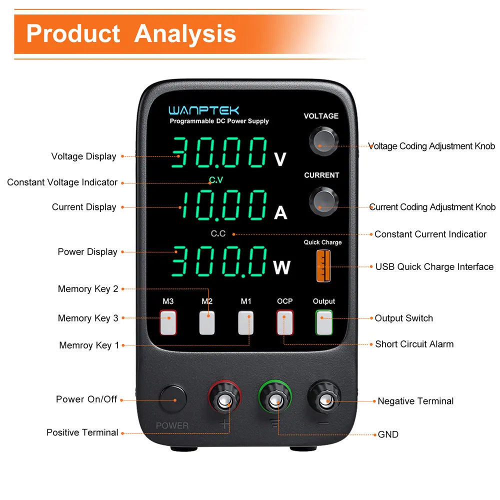 Wanptek Adjustable DC Power Supply 30V 10A 60V 5A Lab Bench Power Source Stabilized Power Supply Voltage Regulator Switch 120V