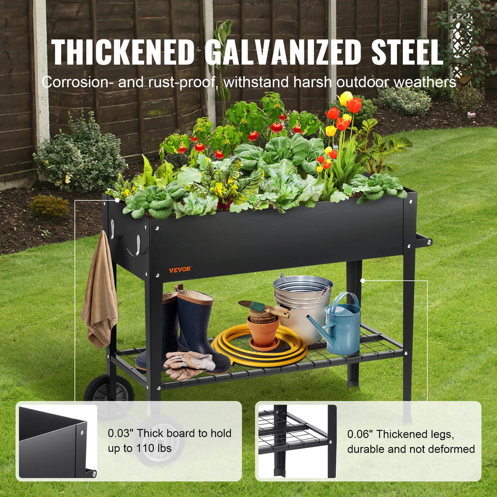 VEVOR Raised Garden Bed, 42.5 x 19.5 x 31.5 inch Galvanized Metal Planter Box, Elevated Outdoor Planting Boxes with Legs, Black