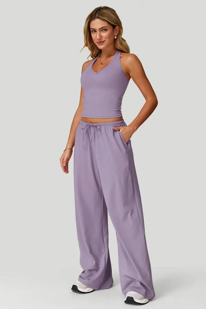 European and American fashion women's trousers set comfortable wide-leg trousers set loose casual pants women's sports fitness e