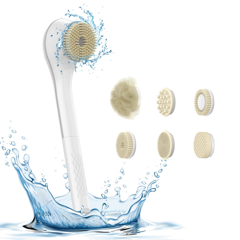 Electric shower brush, rechargeable, waterproof IPX7, 3-speed 6-in-1, wireless shower brush head, lazy scrubbing tool