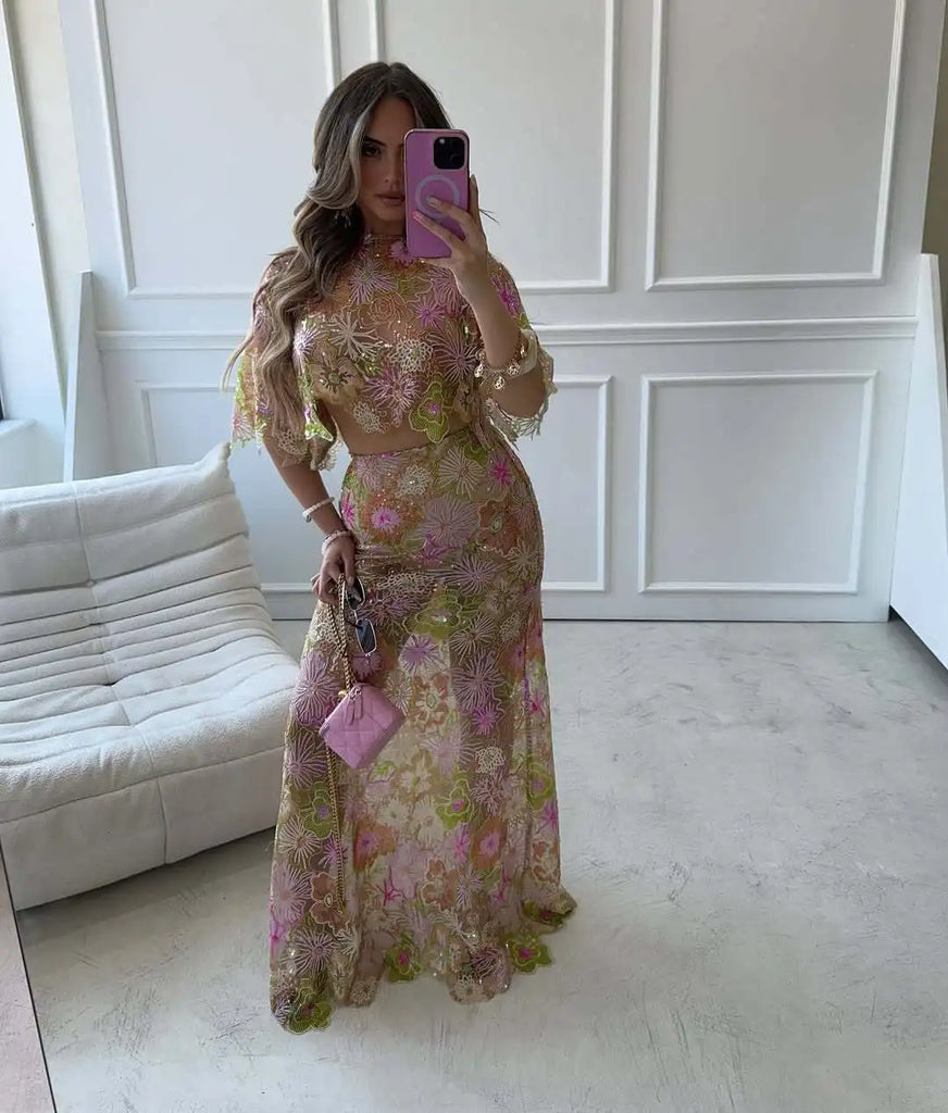 Women's Sequins Beach Skirt Sets Sexy Mesh See Through Slim Holiday Outfits Long Sleeve Fashion Club Party Two Piece Set 2025