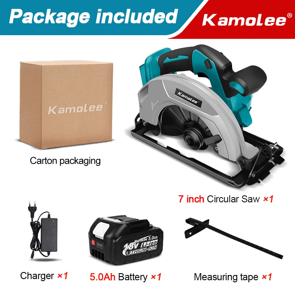 Kamolee 7 inch 21V 6.0Ah 6000mAh Electric Circular Saw  for Home DIY Apply to 18V 21V Battery