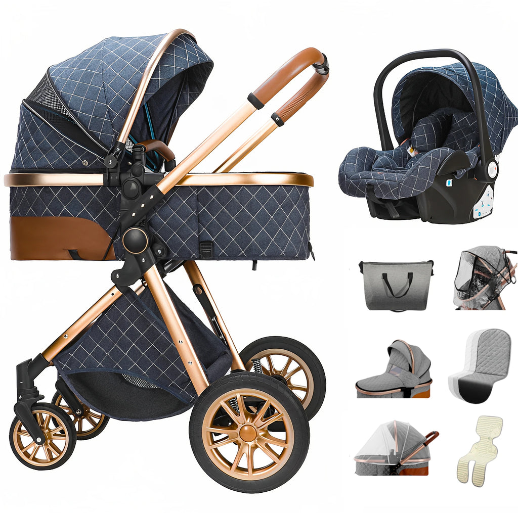 Luxurious Baby Stroller 3 in 1 Portable Travel Baby Carriage Folding Prams High Landscape Aluminum Frame Car for Newborn Baby