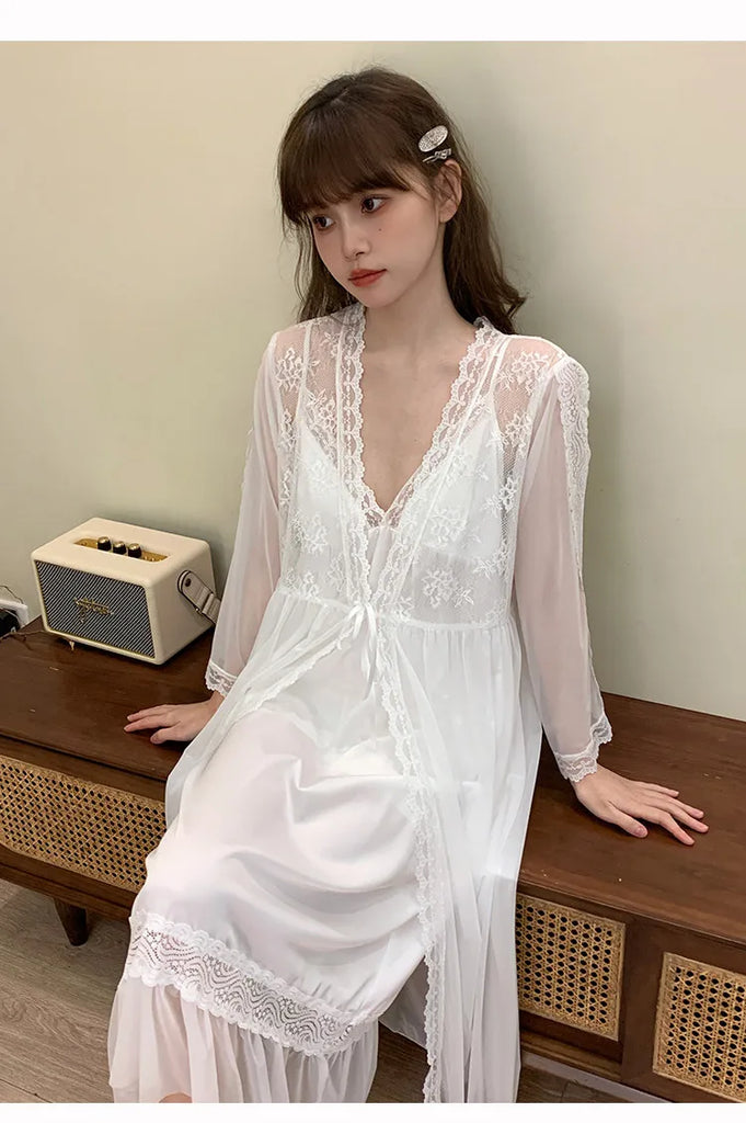 Female Nighty&Robe Set Perspective Temptation Nightgown Intimate Lingerie Spring Summer Silk Satin Sleepwear Loose Home Dress