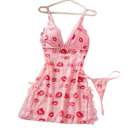 Lips Prints Pink Lace Sexy Lingerie Women See Through Babydoll Dress Slim Soft V Neck Side Opening Sleepwear Festival Gift