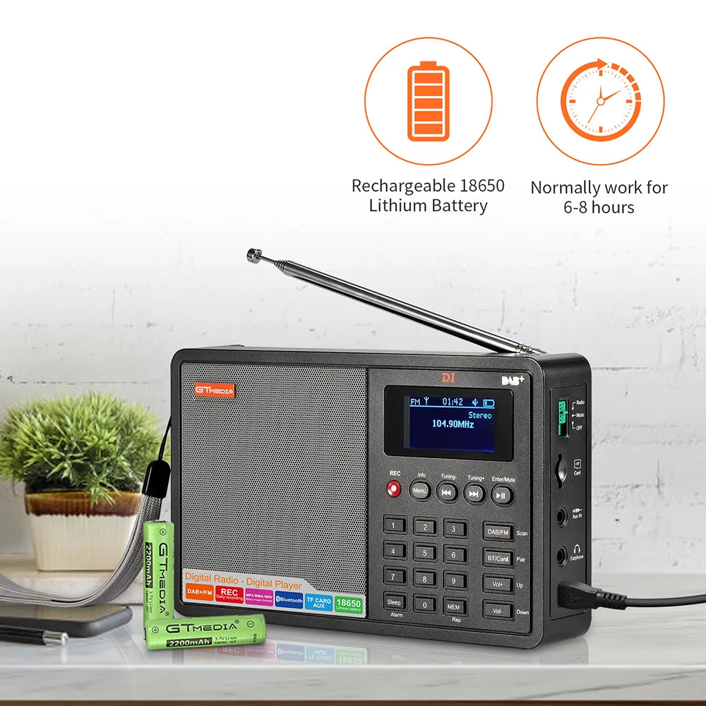 GTMEDIA D1 Portable Radio DAB+/FM+BT/Card/AUX Support BT\TF card digital player Support DAB174.92-239.20MHz FM 87.5-108MHz