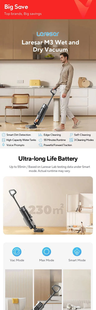 Laresar M3 Cordless Wet Dry Vacuum Cleaner Mop, Edge Cleaning 55min Auto Suction Floor Washer Self-Cleaning Smart Home Appliance