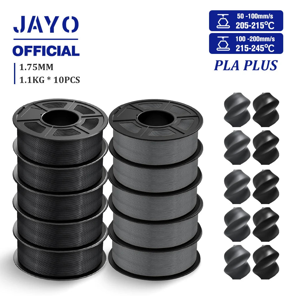 JAYO PLA + 3D Filament 1.75MM 10 Rolls PLA PLUS 3D Printer Filament Neatly Wound 3D Printing Filament 1.1kg Spool High Toughness