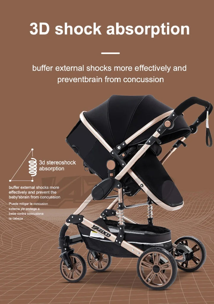 Luxurious 3 in 1 Baby Stroller Portable Travel Baby Carriage Folding Prams Aluminum Frame High Landscape Car for Newborn Baby BLACK