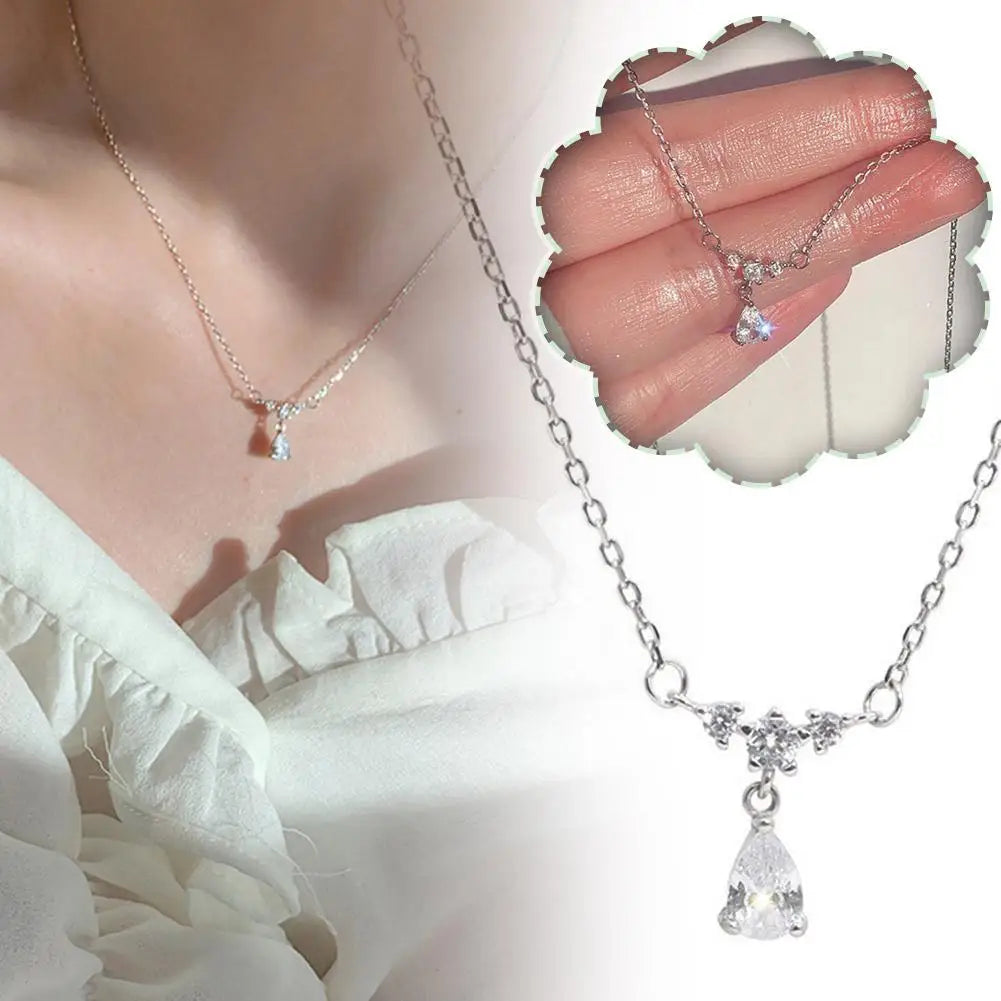 Trendy Water Drop Pendant Necklace Clavicle Chain Women Simple Tiny Rhinestone Jewelry Temperament Party Wedding Gift