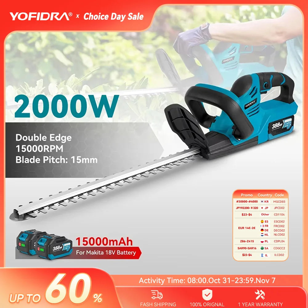 YOFIDRA 2000W Electric Hedge Trimmer Lawn Mower Cordless Household Garden  Shrub Weeding Pruning Tools For Makita Battery Pin