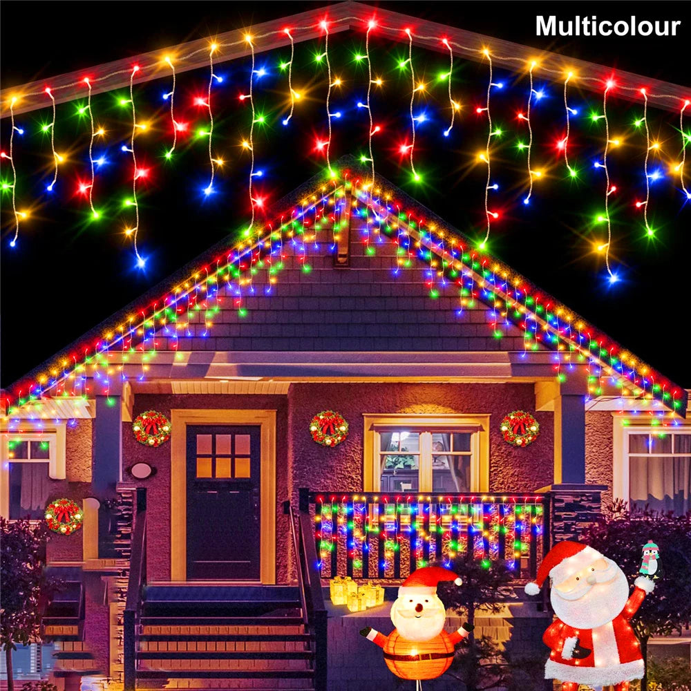 NEW 2024 Christmas Decorations Lights Solar Icicle Curtain Lights 8 Modes Outdoor Waterproof Garden Party New Year Decoration