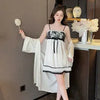 Sexy Lace Edge Nighty&Robe Set Spring Summer Suspender Nightdress Lingerie Home Dress Silky Satin Casual Bathrobe Kimono Gown
