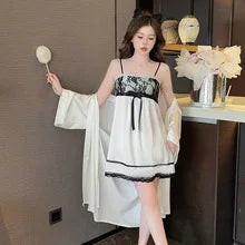 Sexy Lace Edge Nighty&Robe Set Spring Summer Suspender Nightdress Lingerie Home Dress Silky Satin Casual Bathrobe Kimono Gown
