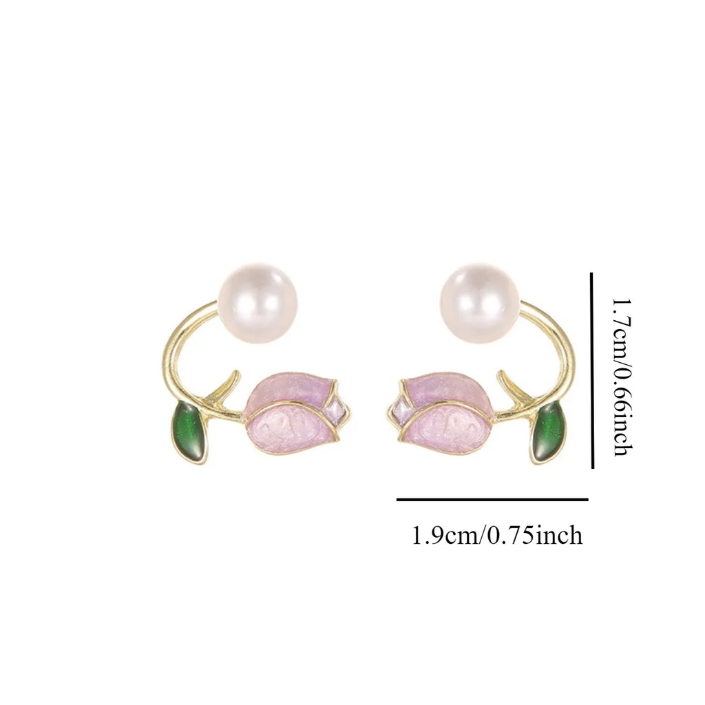 2pc French Tulip Flower Stud Earrings Light Luxury Imitation Pearl Earrings Women's Fashion Summer Female Ear Jewelry Party Gift