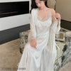 Women Long Twinset Robe Set Sexy Lace Trim Wedding Bathrobe Kimono Gown Sleepwear Elegant Ice Silk Nightgown Loungewear Homewear