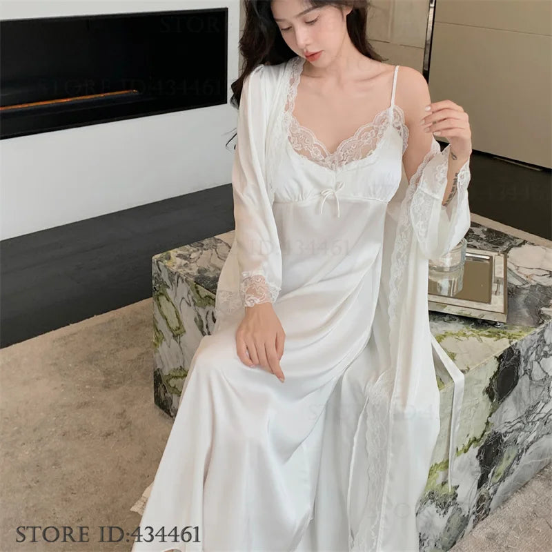 Women Long Twinset Robe Set Sexy Lace Trim Wedding Bathrobe Kimono Gown Sleepwear Elegant Ice Silk Nightgown Loungewear Homewear