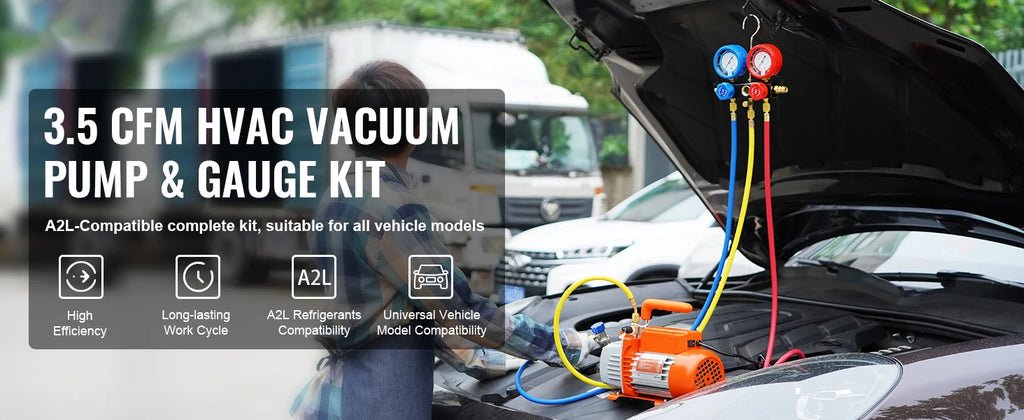 SucceBuy 3.5CFM 4CFM Single Stage Rotary Vane HVAC Air AC Vacuum Pump & A/C Refrigerant Kit Manifold Gauge Set Air Conditioning
