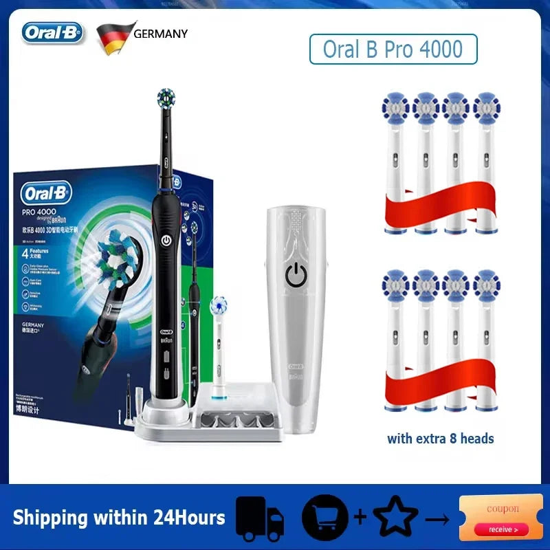 Oral B Pro 4000 Electric Toothbrush Rechargeable 3D Visible Pressure Sensor 4 Modes Sonic Tooth Brush for Adults Oral Cleaning