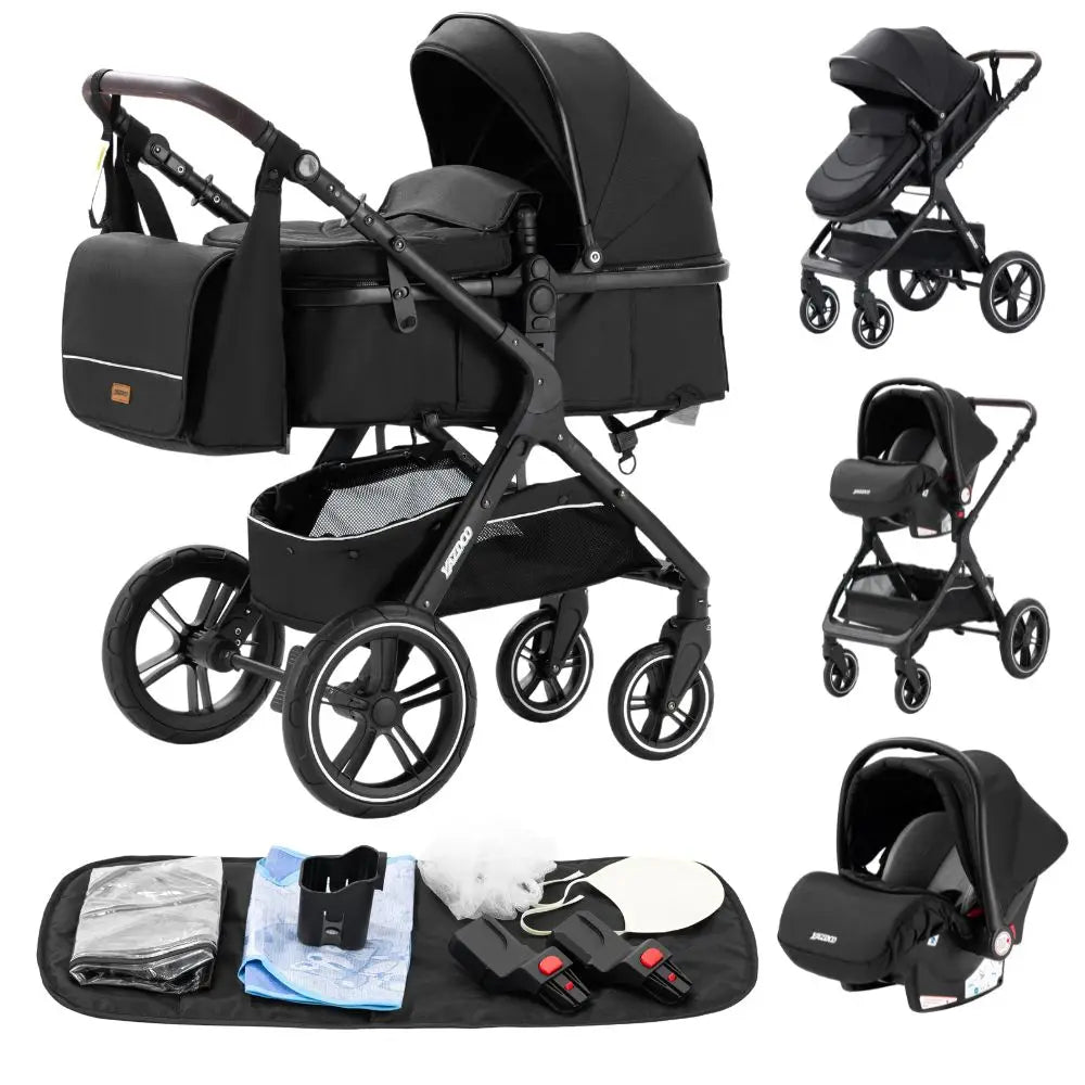 Luxurious 3 in 1 Baby Stroller Portable Travel Baby Carriage Folding Prams Aluminum Frame High Landscape Car for Newborn Baby BLACK