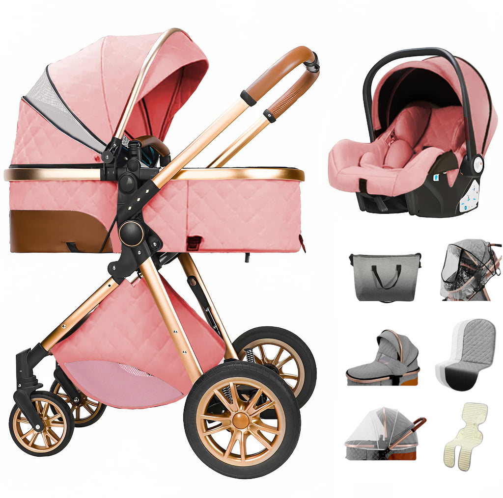 Luxurious Baby Stroller 3 in 1 Portable Travel Baby Carriage Folding Prams High Landscape Aluminum Frame Car for Newborn Baby