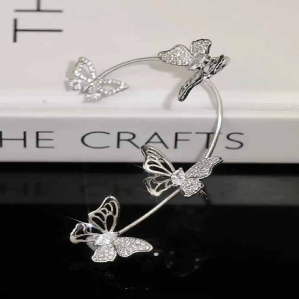 1Silver Plated Metal Leaf Butterfly Clip Earrings for Women Ear Clips Without Piercing Sparkling Zircon Ear Cuff Fashion Jewelry